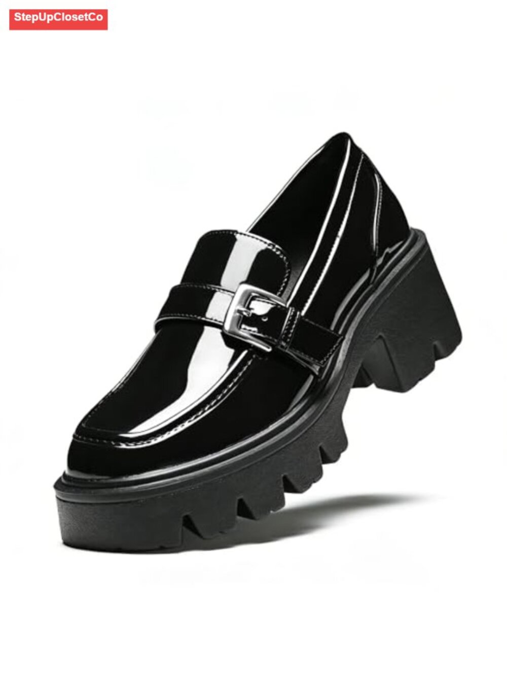 Patent Leather Platform Loafers with Buckle, Chunky Heel